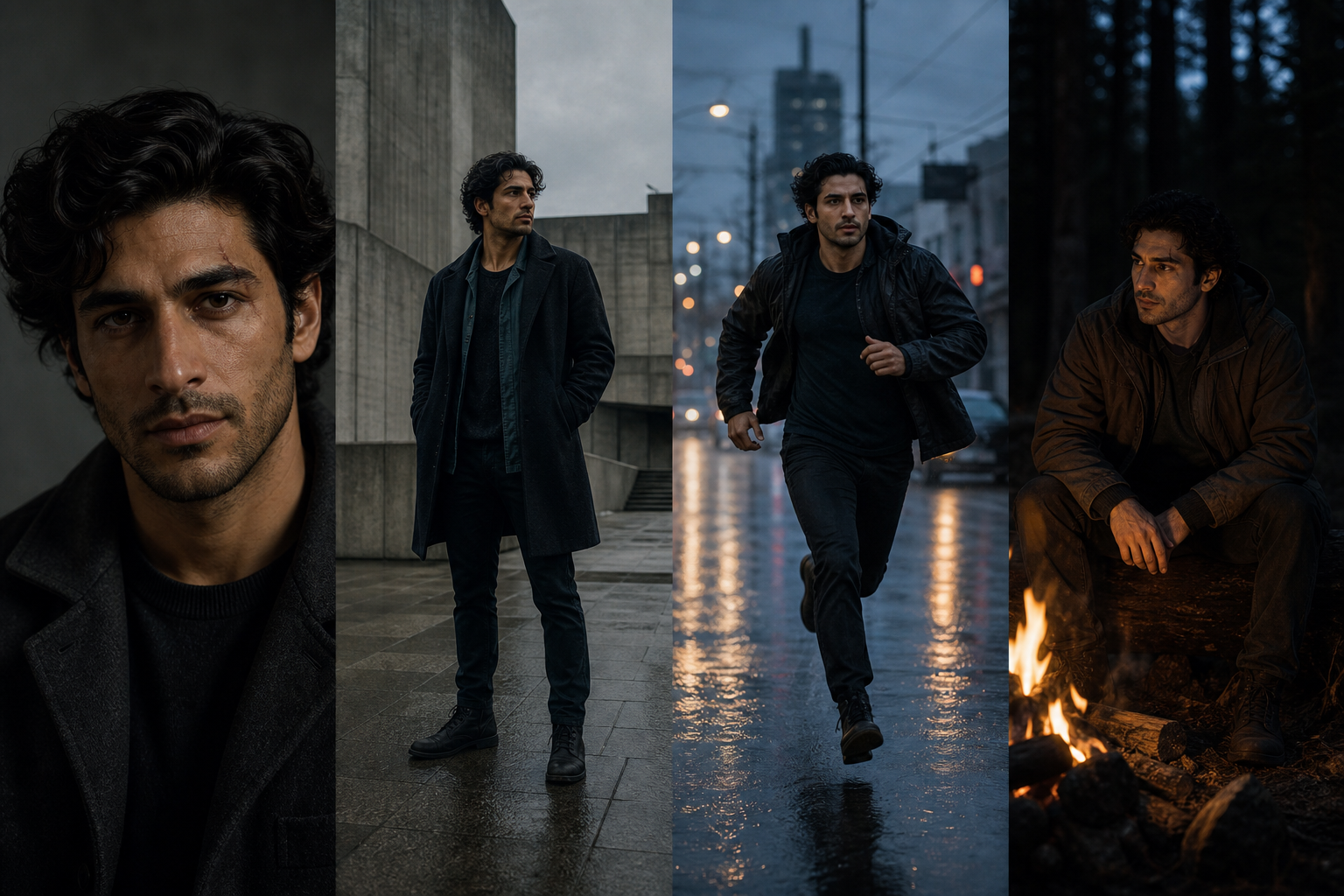 The same fictional character shown in a portrait, full-body scene, running city scene, and seated campfire scene