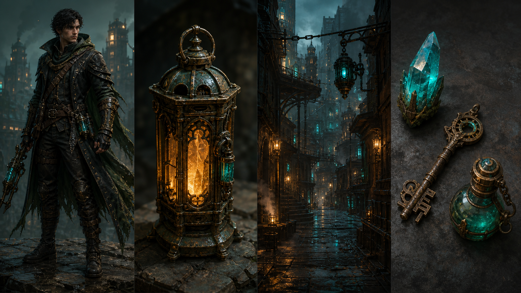 A coherent game world shown through a hero character, mechanical lantern prop, neon industrial environment, and related inventory objects