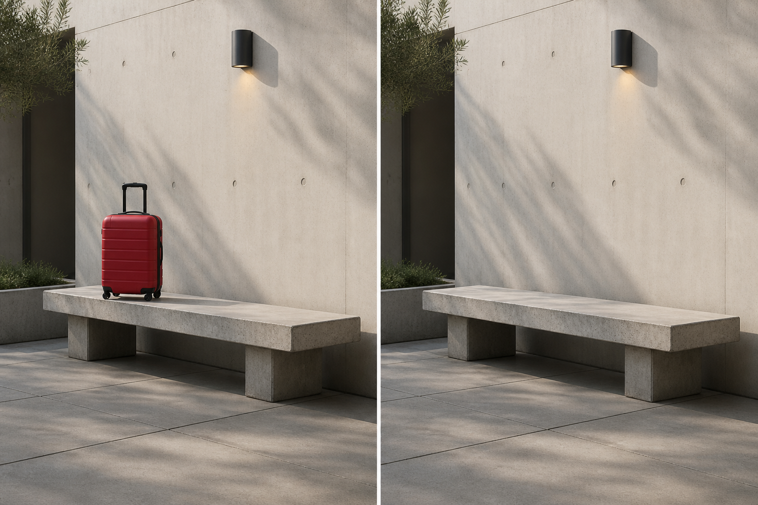 Before and after showing a red suitcase removed from a concrete bench scene while the surrounding architecture remains