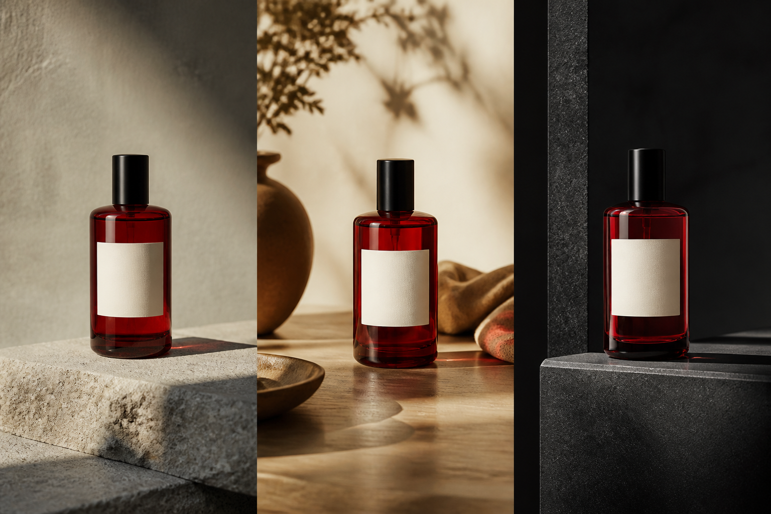 The same red glass bottle shown in studio, lifestyle, and campaign scenes